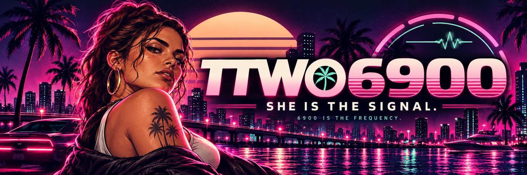 Lucia-themed TTWO6900 neon sunset art with radio-wave insignia